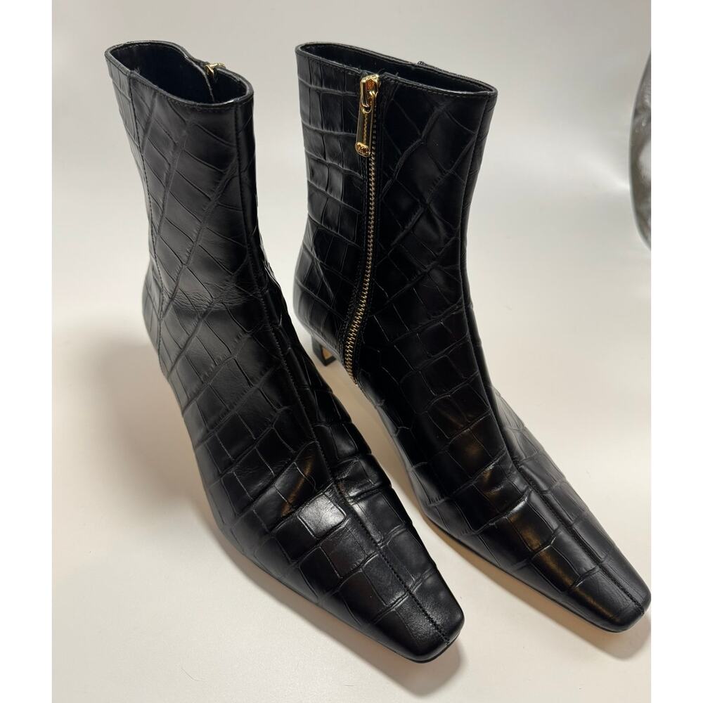 Michael Kors Boots Cosmo Crocodile Embossed Leather Kitten Boot Black 6.5
